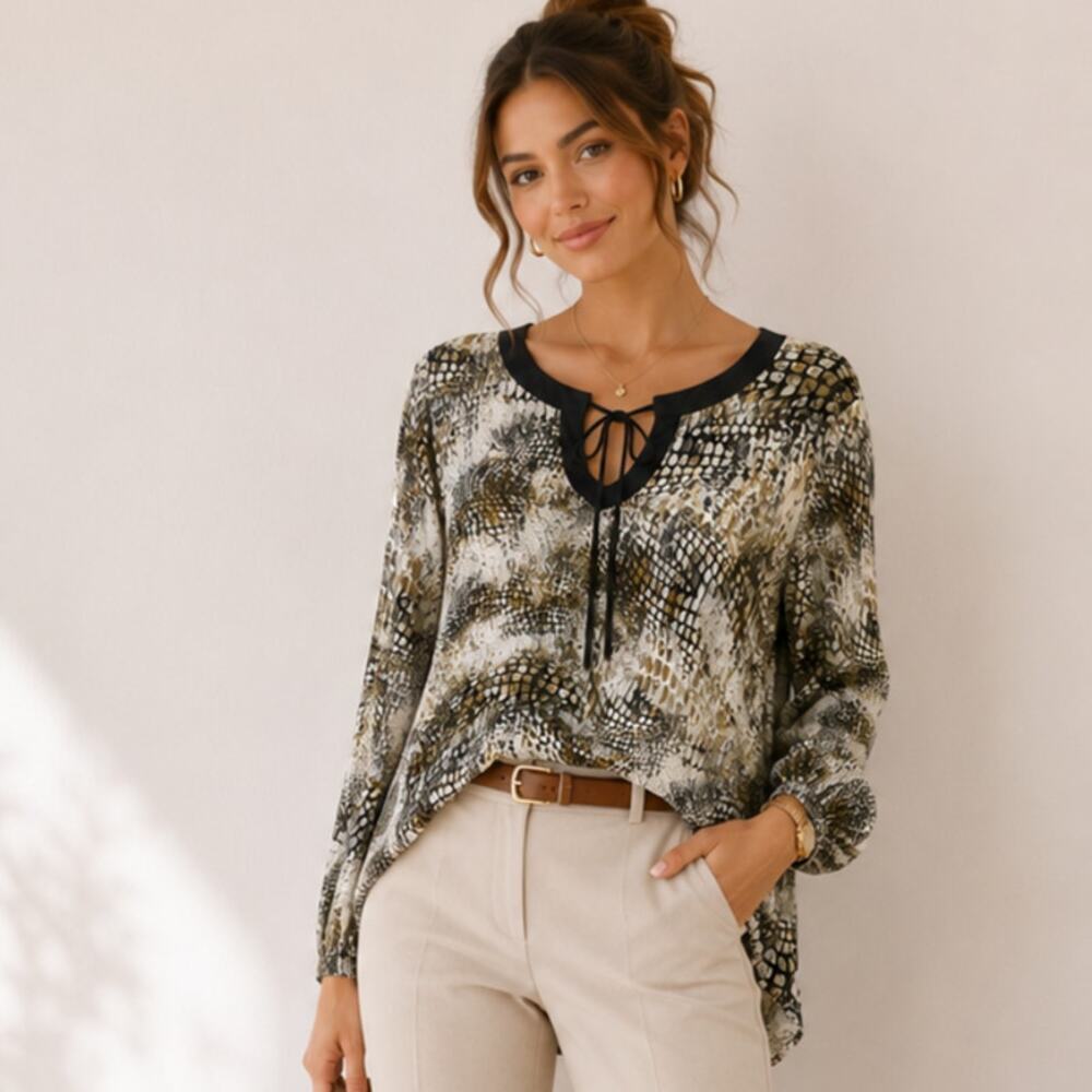Susan Graver Liquid Knit Blouse Women's Size 1X Animal Print Casual Office Boho